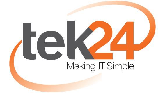 Logo design for tek24, featuring bold text and an orange swirl. Text reads "Making IT Simple."